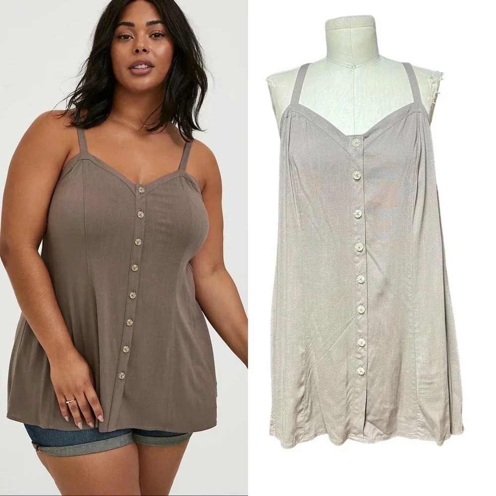 Torrid Fit and Flare Rayon‎ Slub Button-Front Cami Top Falcon Tan Plus Size 2X